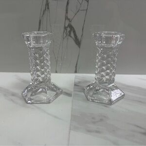 Pair Crystal Clear Glass Candle Holders Twisted Stem 4”T Minimalist Spring Event